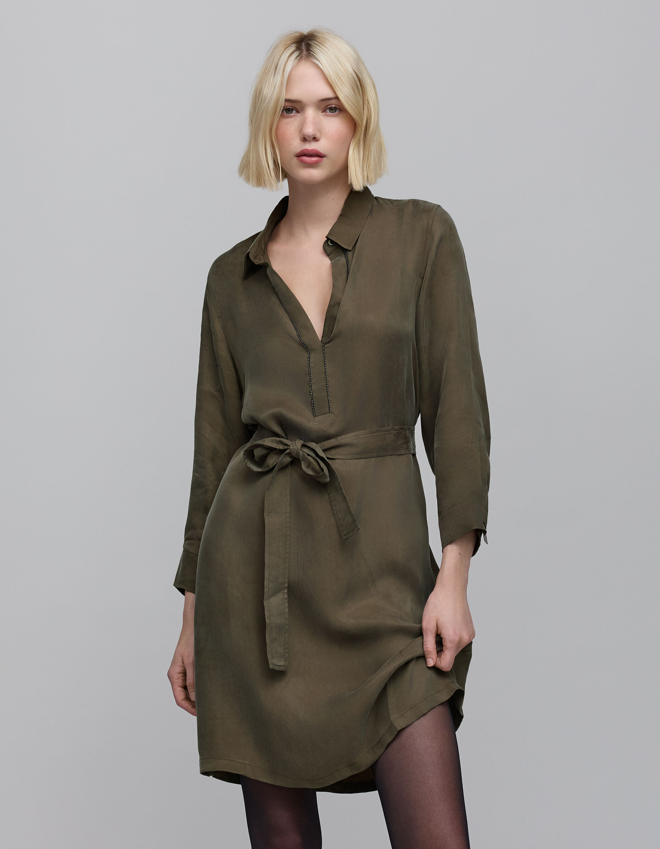 Robe chemise midi kaki decor bijoux Femme IKKS