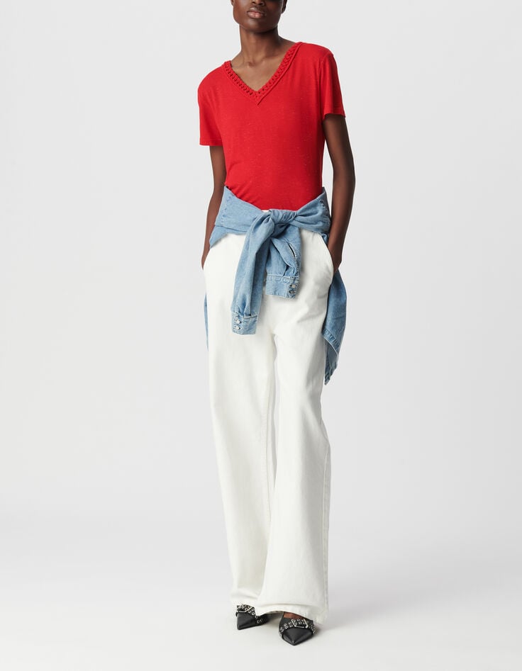 Camiseta roja de mujer con cuello en V trenzado-5