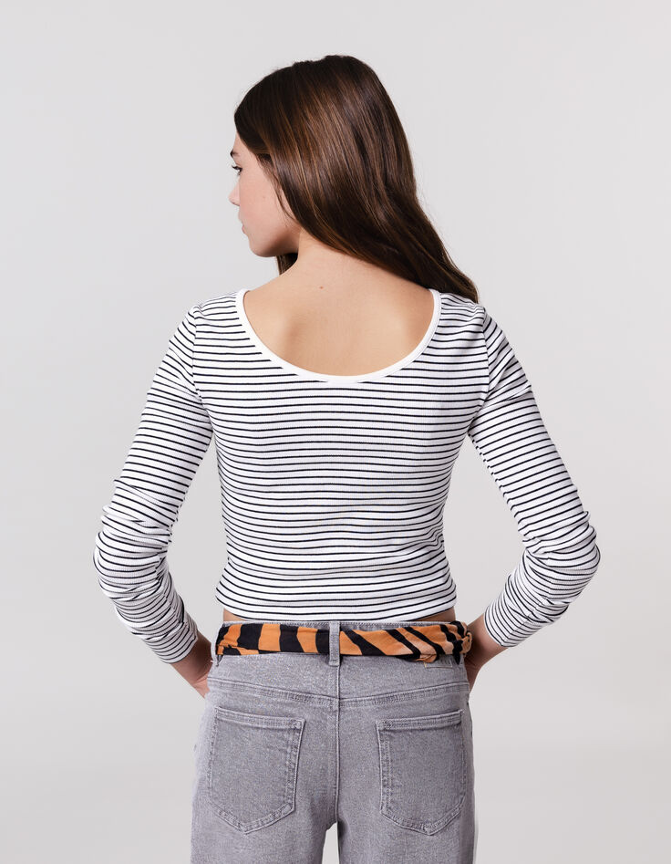 Weißes Mädchen-T-Shirt aus Biobaumwolle, Marinestreifen-2
