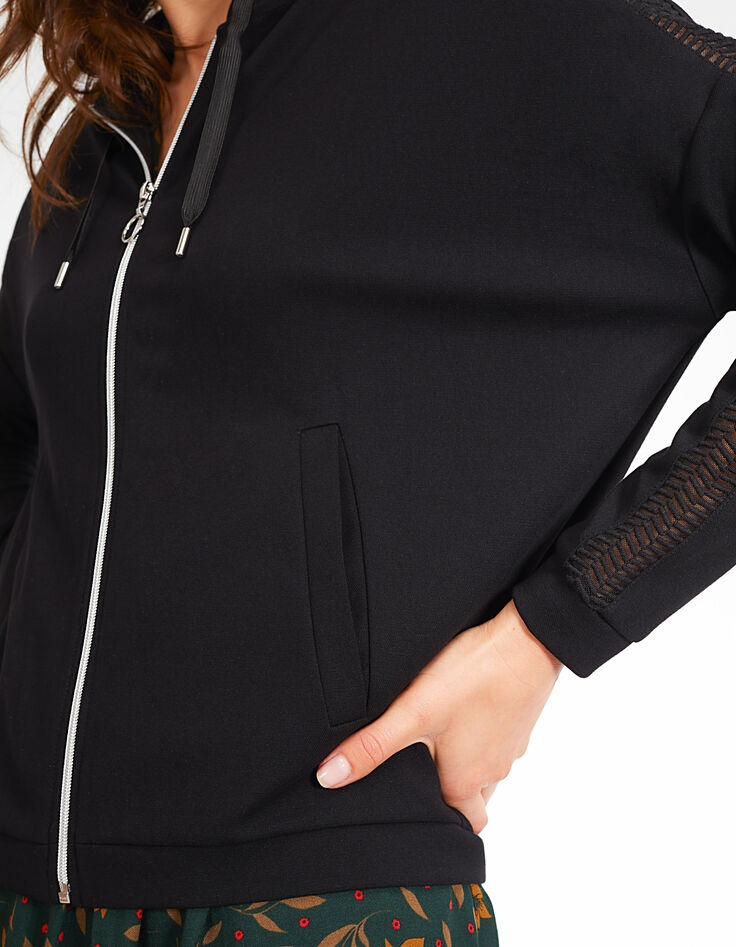 Zwart vest met rits, capuchon en geborduurde mouwen I.Code-5