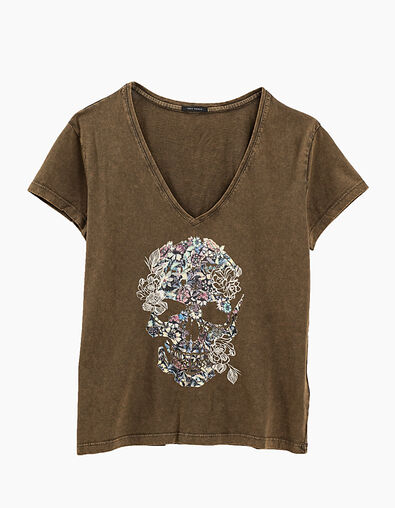 Tee-shirt kaki en coton biologique flamm&eacute; visuel devant femme - IKKS