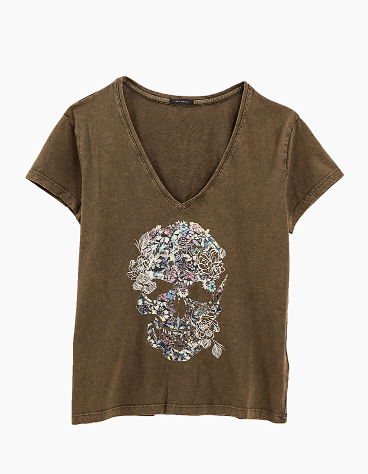 Tee-shirt kaki en coton biologique flamm&eacute; visuel devant femme-1