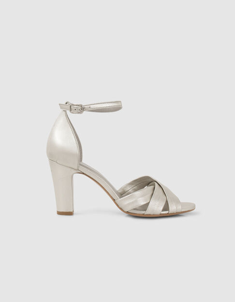 Women’s gold leather heeled sandals, crossover straps
