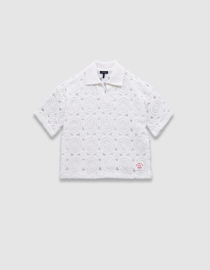 Top manches courtes blanc col polo crochet ajouré fille-4 Top manches courtes blanc col polo crochet ajouré fille-4
