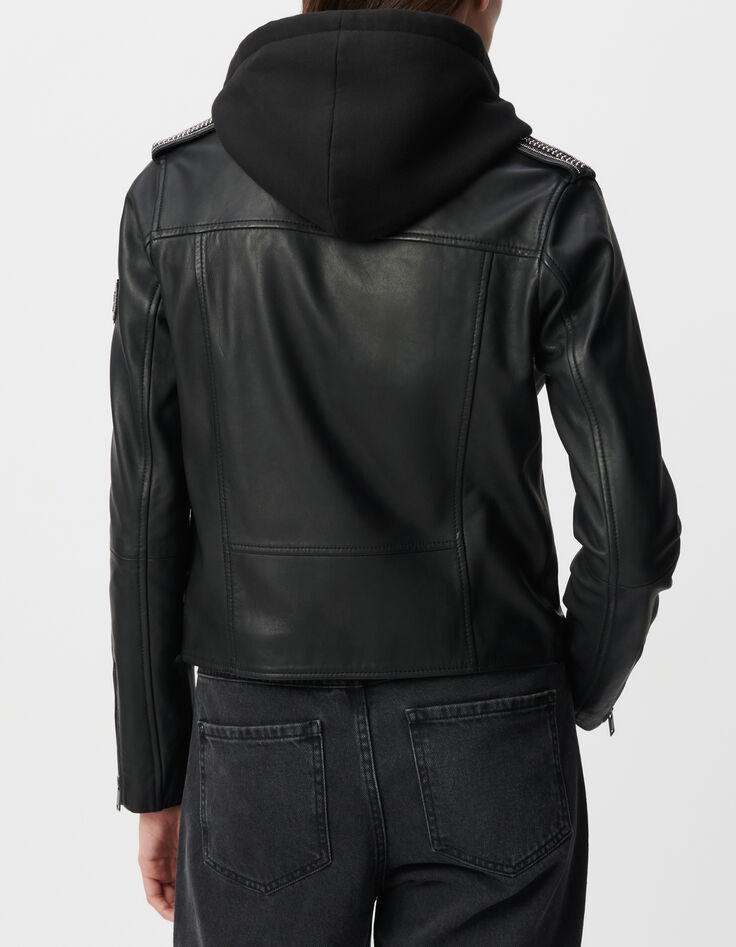 Zwart leren bikerjack met afneembare capuchon Dames-4