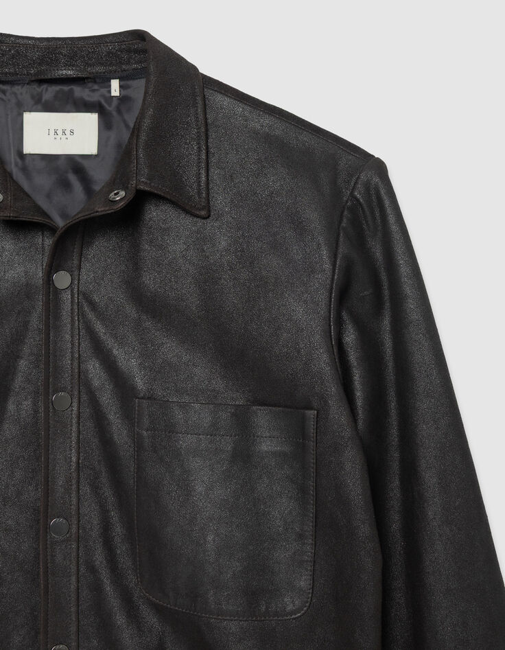 Sobrecamisa de cuero marr&oacute;n con capucha desmontable Hombre-9