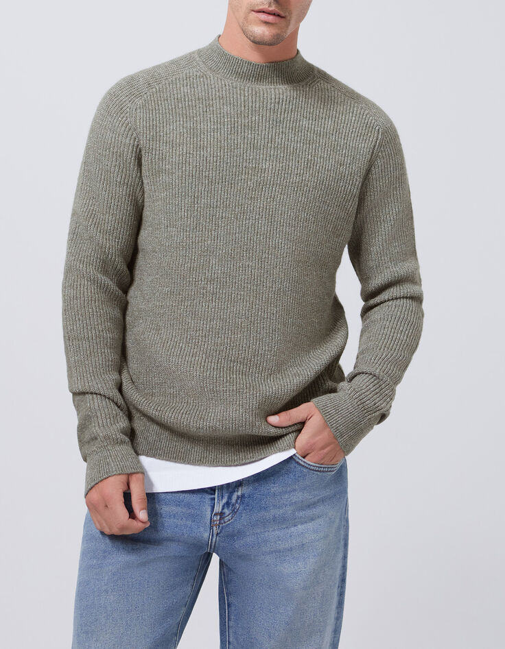 Khaki Herrenrippstrickpullover mit Kaminkragen-1