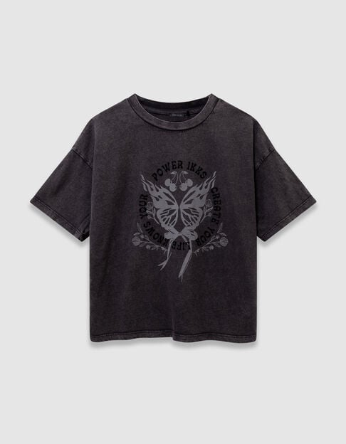 Grijs T-shirt biokatoen tekst en vlinder meisjes - IKKS
