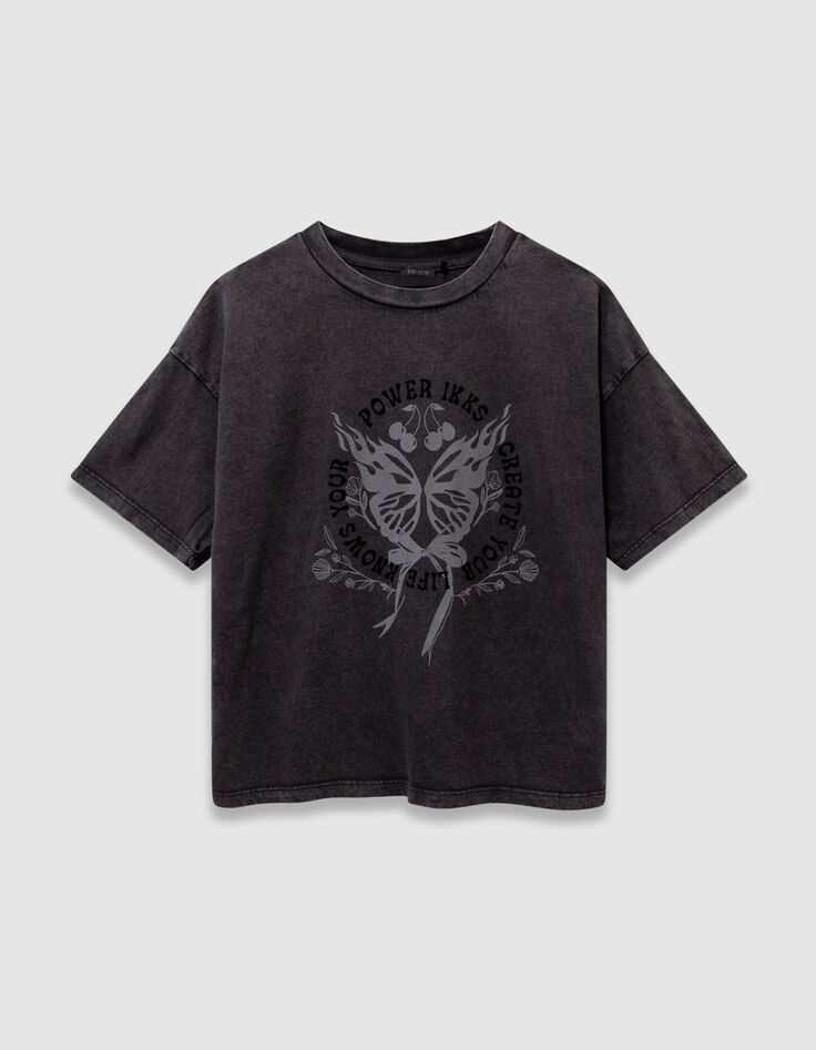 Camiseta gris algodón mensaje y mariposa niña-2