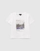 Girls’ white cropped cotton T-shirt with concert image-1