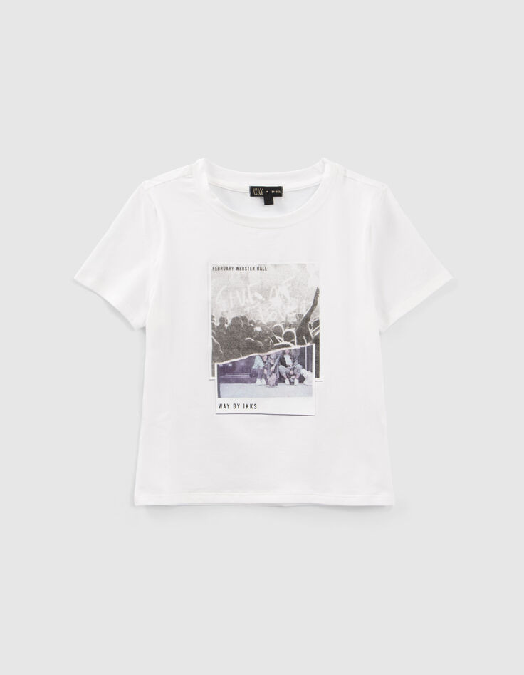 Girls’ white cropped cotton T-shirt with concert image-1