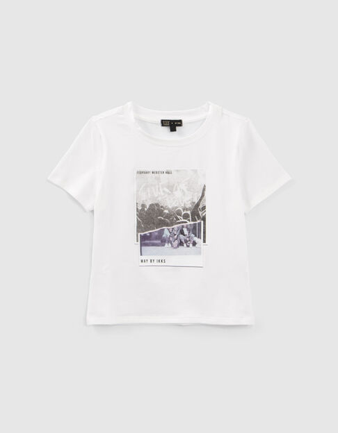 Girls’ white cropped cotton T-shirt with concert image - IKKS