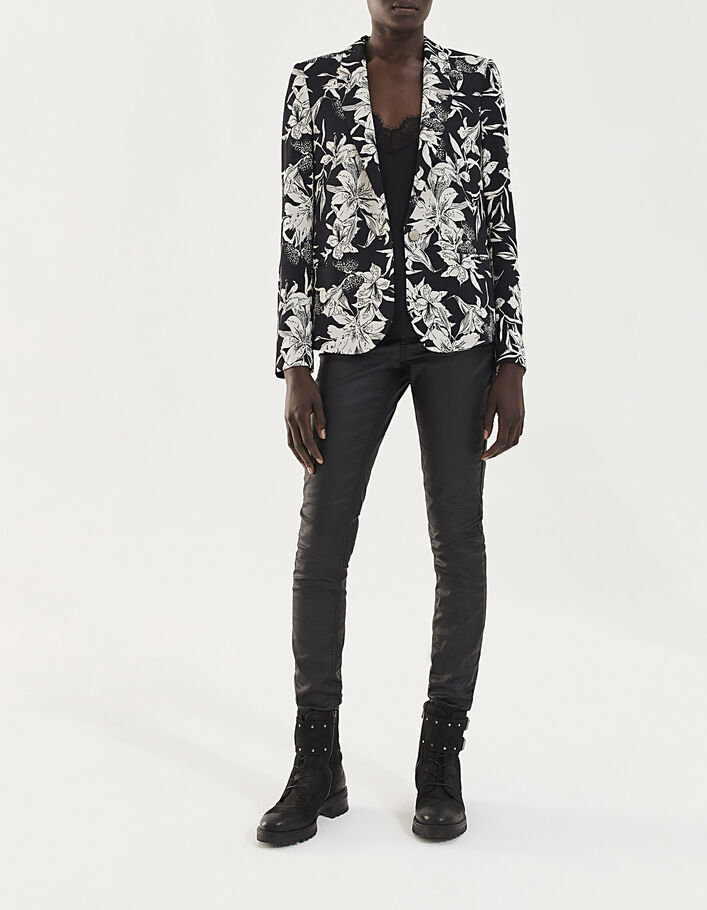 Veste tailleur en crêpe imprimé floral noir et blanc femme-6