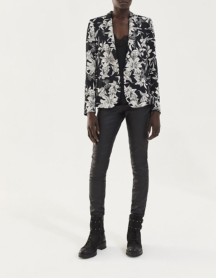 Veste tailleur en crêpe imprimé floral noir et blanc femme-6