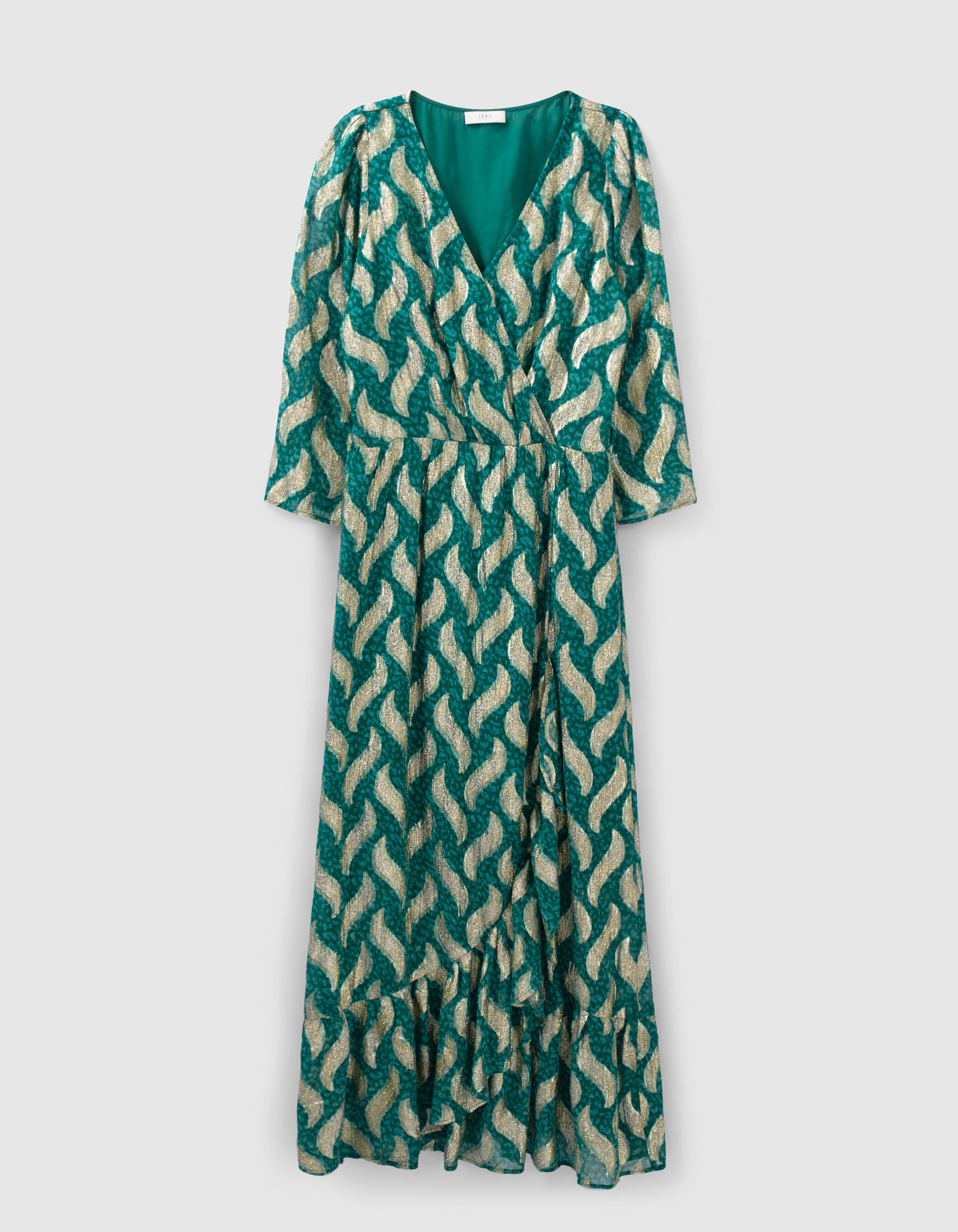 Robe longue emeraude imprime feuilles dorees Femme IKKS