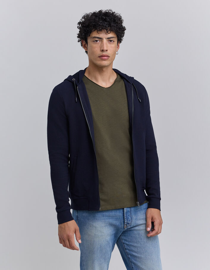Marineblaue Herrenkapuzenjacke mit Relief-1