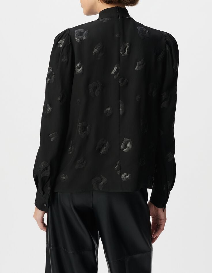 Blouse manche longue noire motif l&eacute;opard brod&eacute; sequins Femme-3