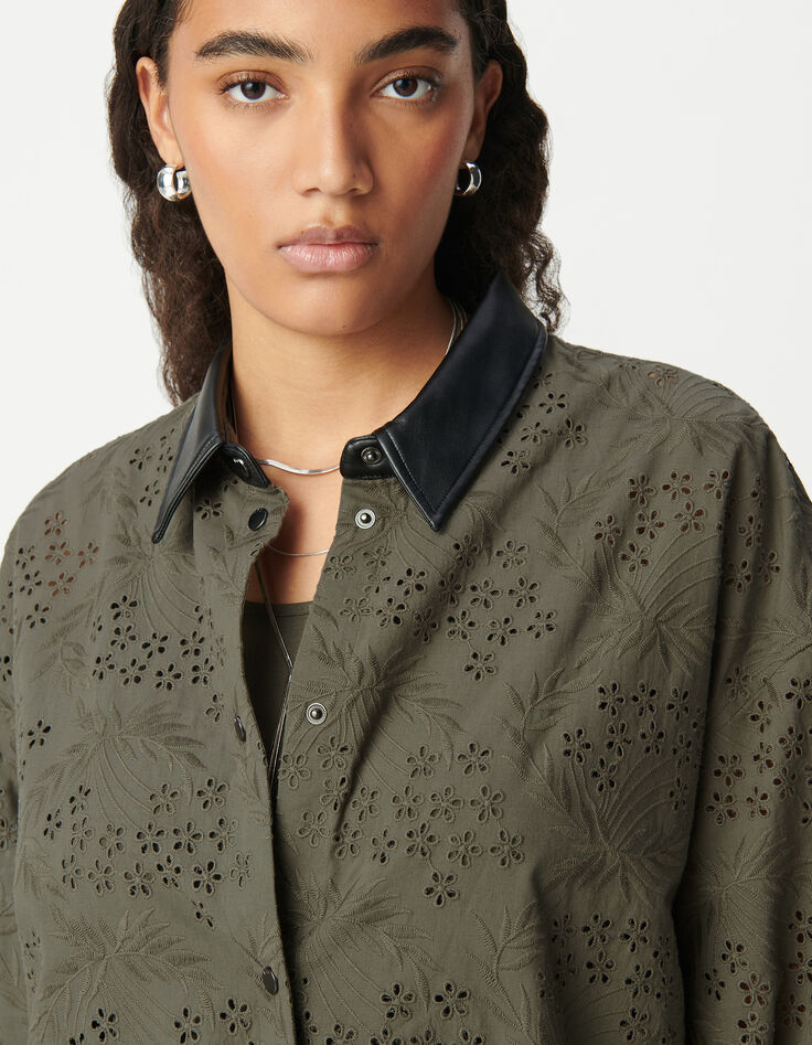 Vestido camisero caqui algodón orgánico broderie anglaise Mujer-4