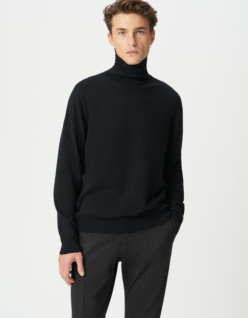 Pull col roul&eacute; noir tricot coton cachemire Homme - IKKS