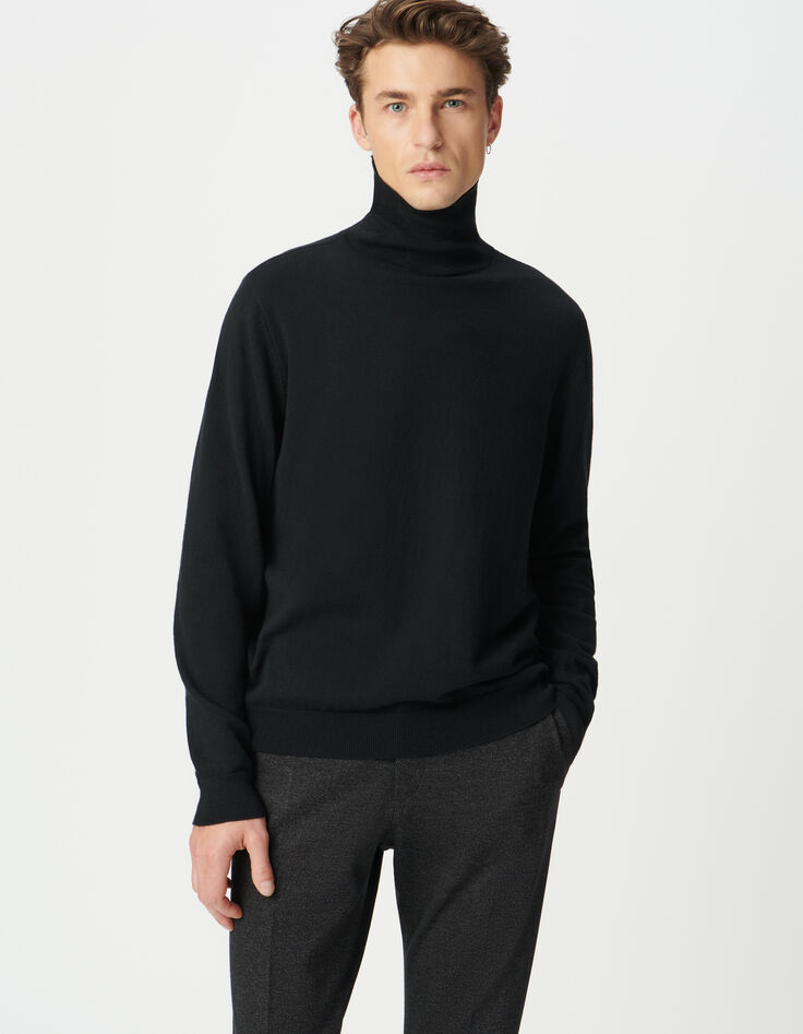 Pull col roulé noir tricot coton cachemire Homme-2