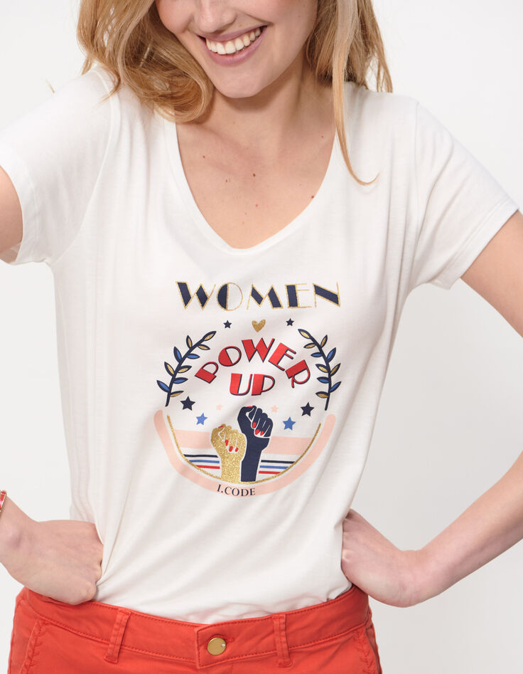 Cremeweißes T-Shirt mit Wappen und Schriftzug I.Code-3 Cremeweißes T-Shirt mit Wappen und Schriftzug I.Code-3