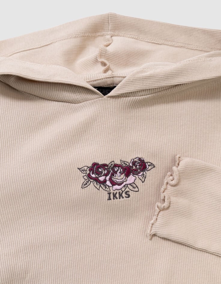 Beiges Mädchen-Kapuzenshirt Rippstick Rosen-5