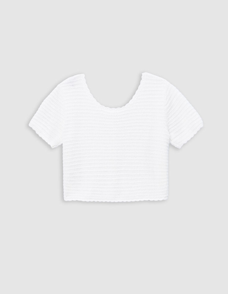 Pull blanc tricot fantaisie réversible devant/dos fille-4