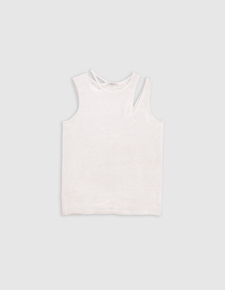 Weiße asymmetrische T-Shirt aus schillerndem Leinenstrick-7