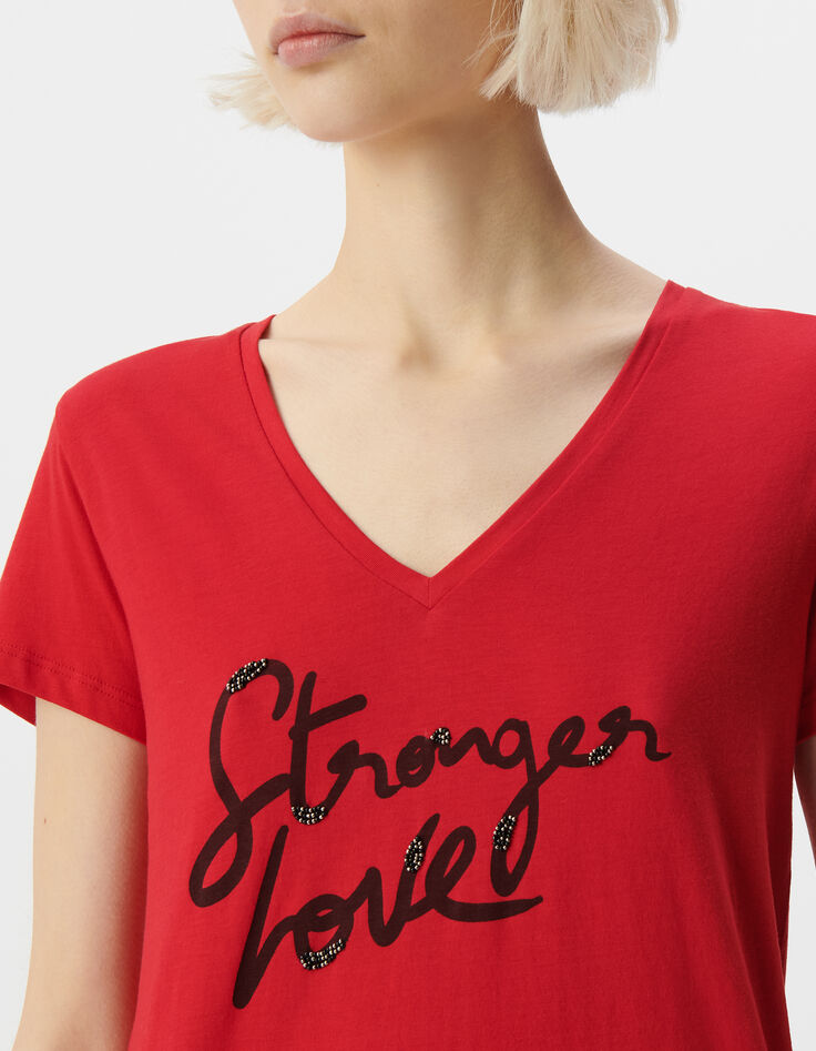 Camiseta manga corta roja mensaje bordado mujer-4