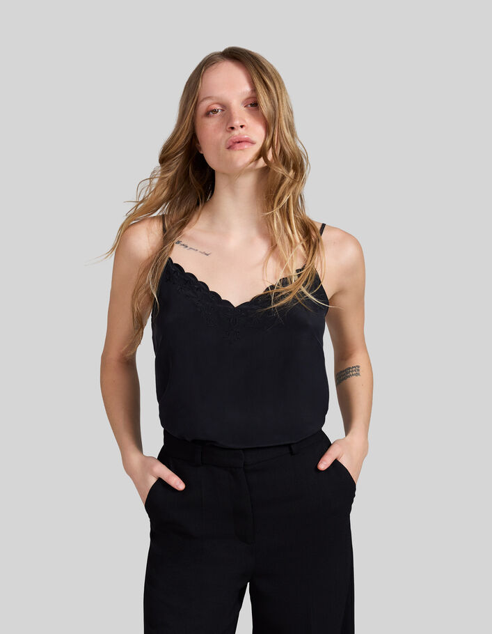 Top lencero de seda negro bordado calavera mujer-1