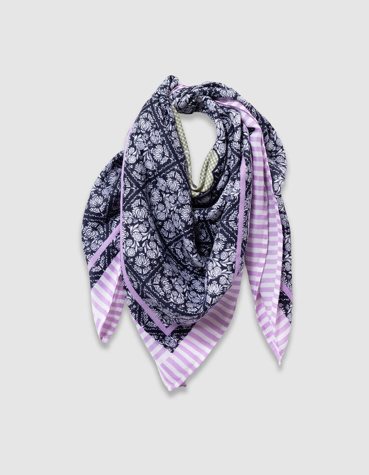 Foulard carr&eacute; marine imprim&eacute; floral et coeur vichy fille-1