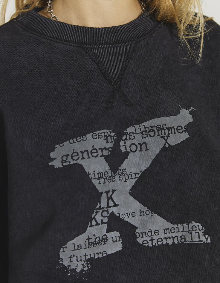 Sweat oversize en molleton noir visuel X iconique femme-4