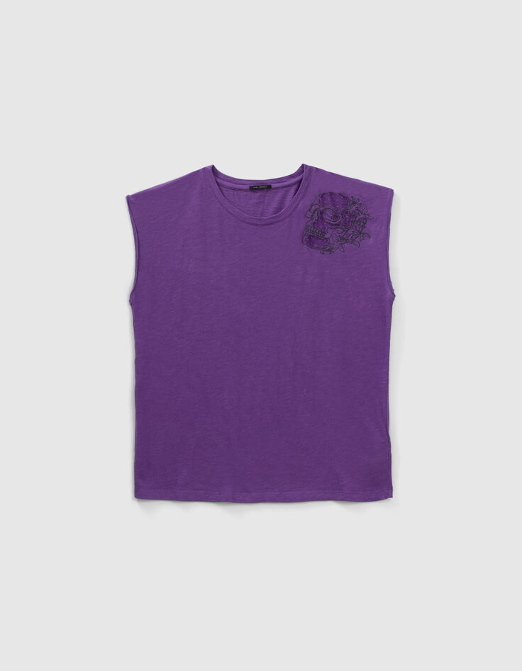 Violettes Damen-T-Shirt mit Totenkopfstickerei und T&uuml;ll-5