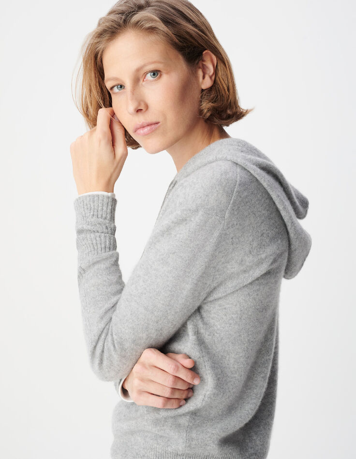 Pull &agrave; capuche gris tricot 100% cachemire Femme-5