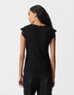 Tee-shirt noir manches dentelle festonnée Femme-3
