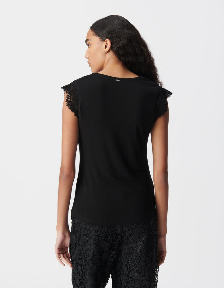 Tee-shirt noir manches dentelle festonnée Femme-3