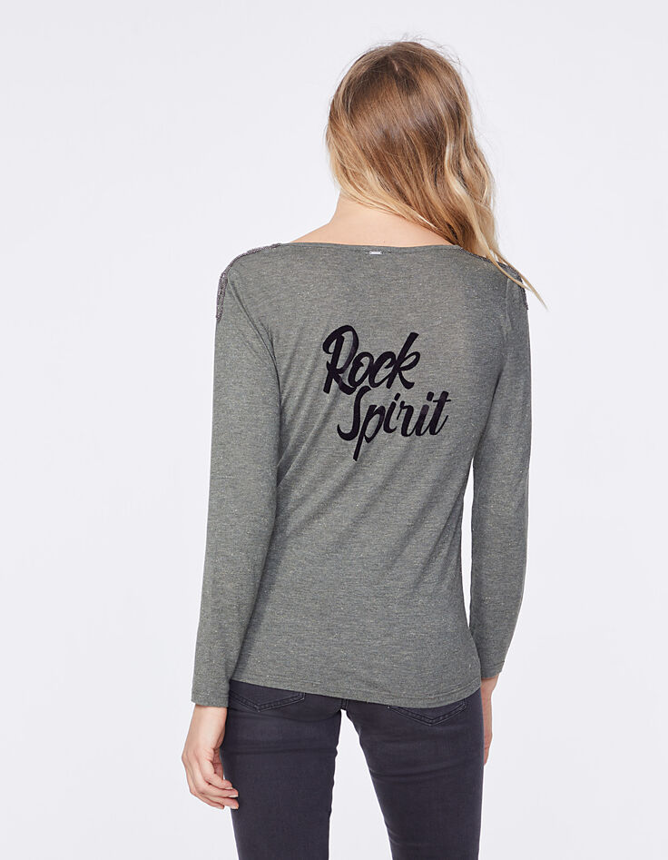 Khaki Damen-T-Shirt mit Strass und Rückenmotiv-3 Khaki Damen-T-Shirt mit Strass und Rückenmotiv-3