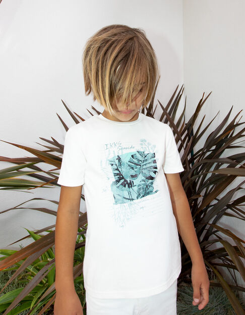 Cremeweißes Jungen-T-Shirt mit Blätter-Jungle-Motiv