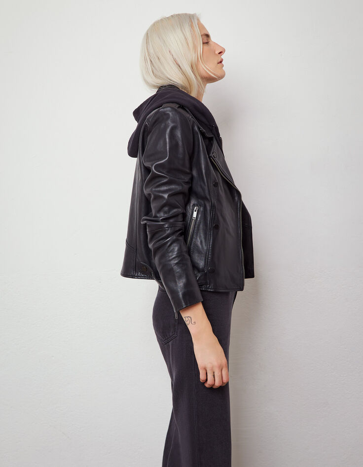 Blouson noir en cuir d'agneau et boutons femme-4