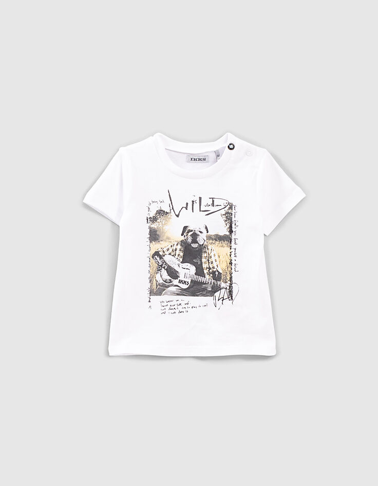 Weißes T-Shirt mit Gitarristenhund für Babyjungen -1