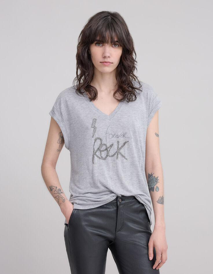Graues Damen-T-Shirt mit gesticktem Schriftzug mit Perlen-2