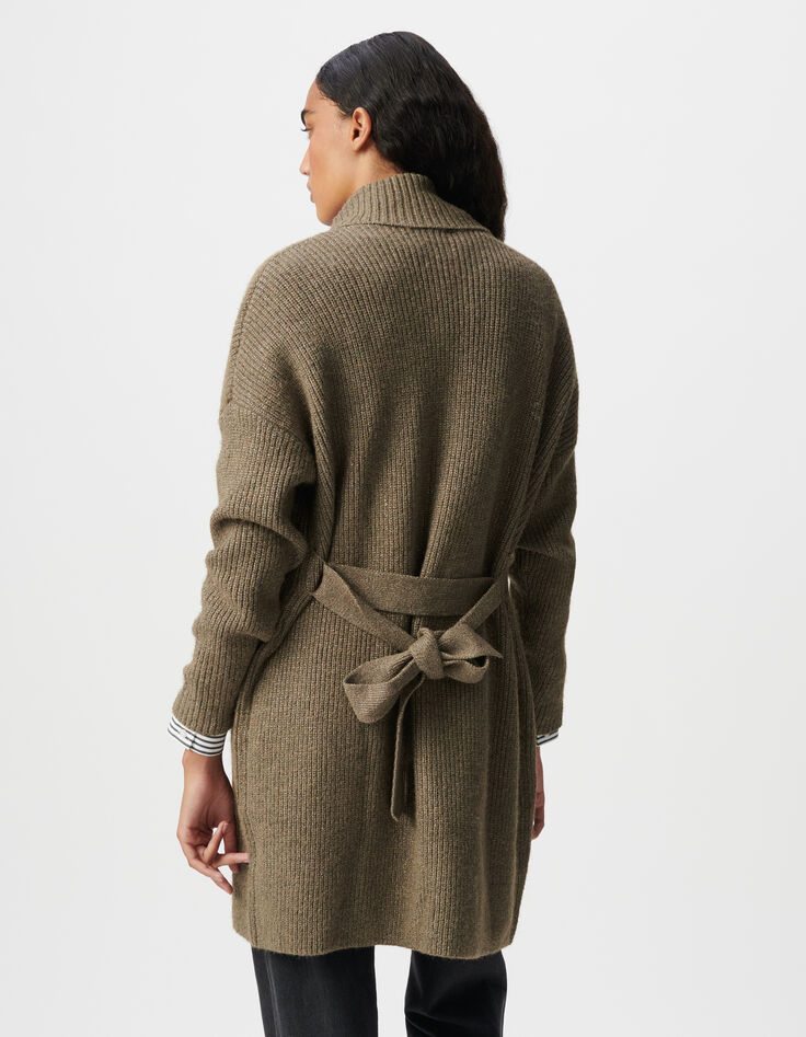 Chaqueta con cinturón militar caqui de punto lúrex para mujer-4 Chaqueta con cinturón militar caqui de punto lúrex para mujer-4