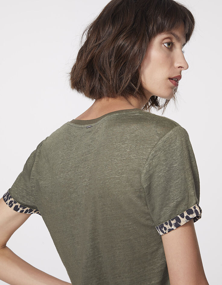 Women’s khaki linen T-shirt, leopard sleeves-4