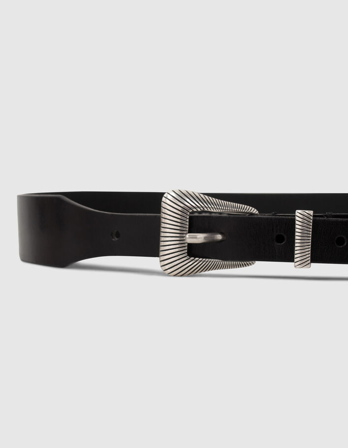 Women’s black leather asymmetric belt with metal tip - IKKS