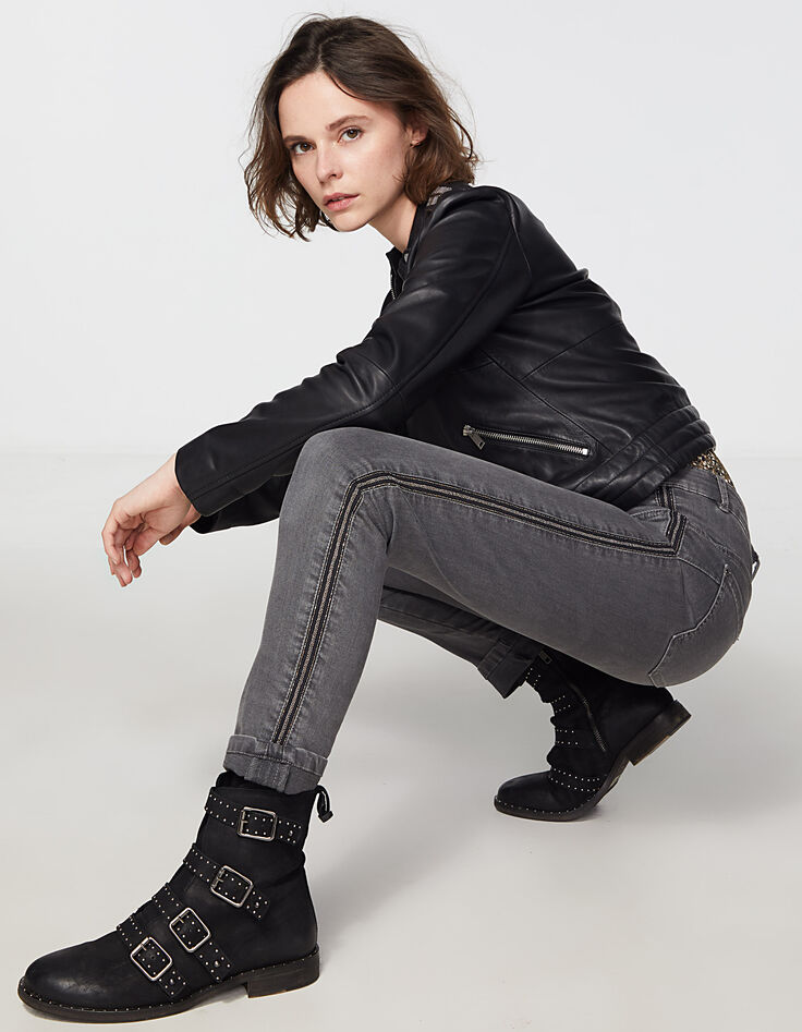 Jean slim gris 7/8ème bandes bijoux côtés, sculpt up femme-1 Jean slim gris 7/8ème bandes bijoux côtés, sculpt up femme-1