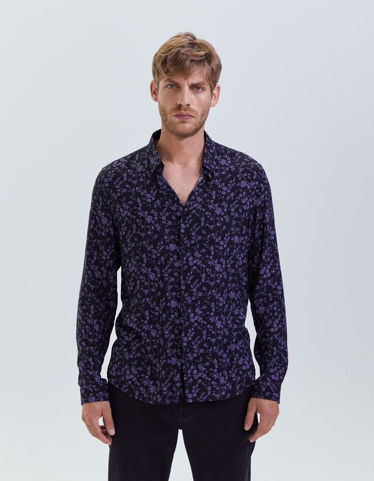 Men’s black LENZING™ ECOVERO™ SLIM shirt with dark purple flower motif-7