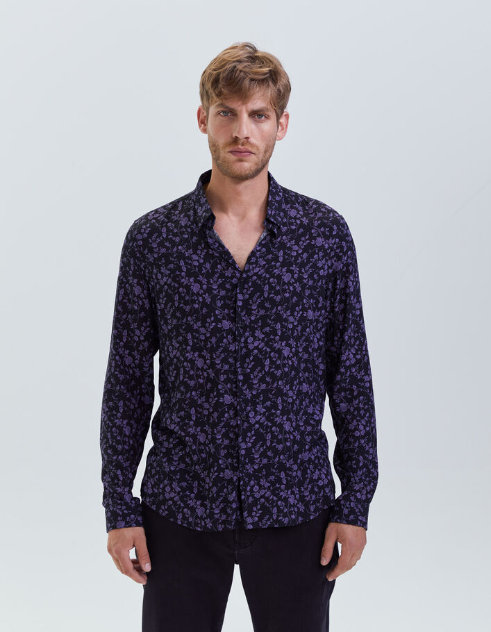 Men’s black LENZING™ ECOVERO™ SLIM shirt with dark purple flower motif-1
