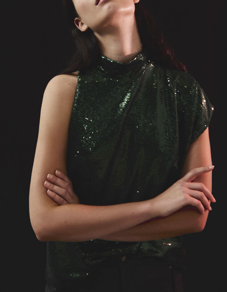 Metallic groen top plissé dames-5