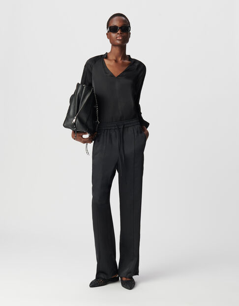 Pantalon large noir polyester recyclé taille élastiquée Femme - IKKS