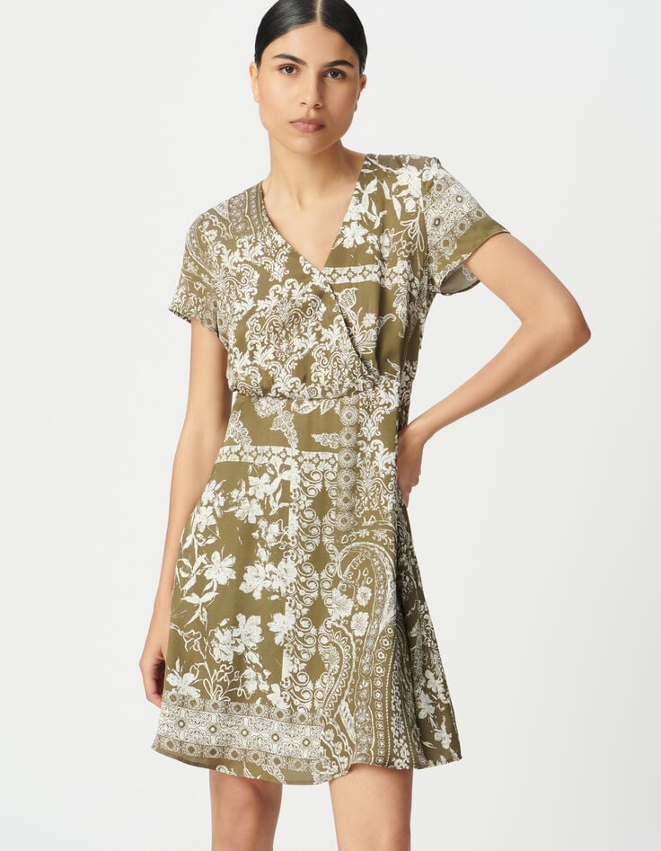 Robe fluide kaki imprimé foulard Femme-4 Robe fluide kaki imprimé foulard Femme-4